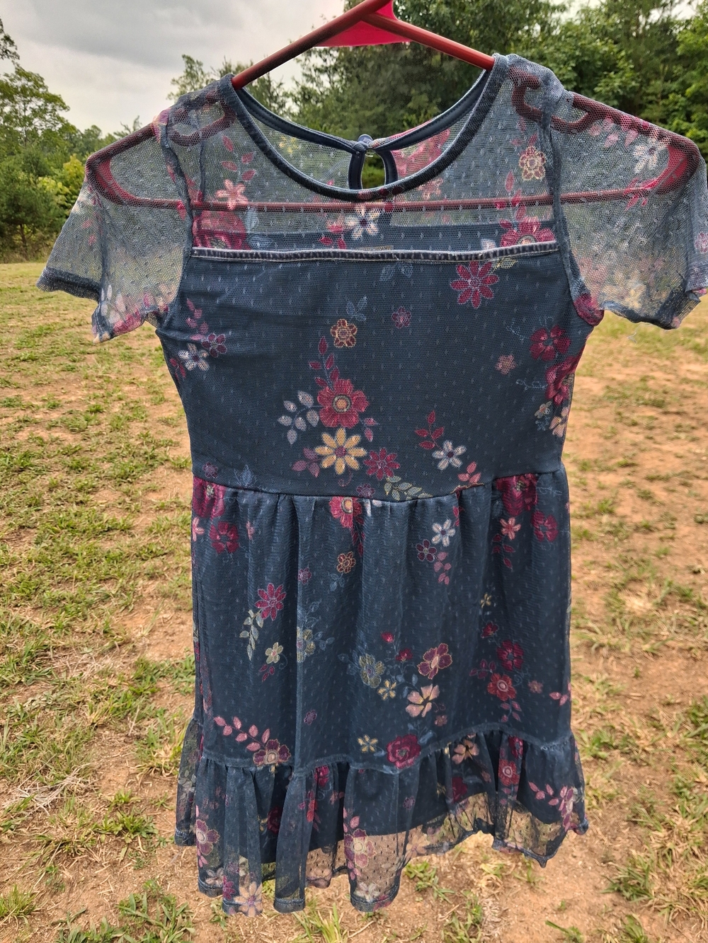 True Craft Navy Blue Floral Mesh Dress w/Flowers & Yellow Accents Girls Size M